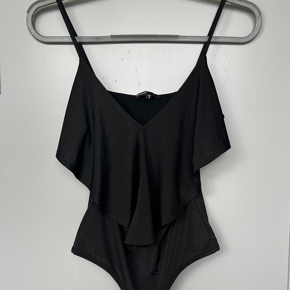Black Deep V Ruffled Bodysuit